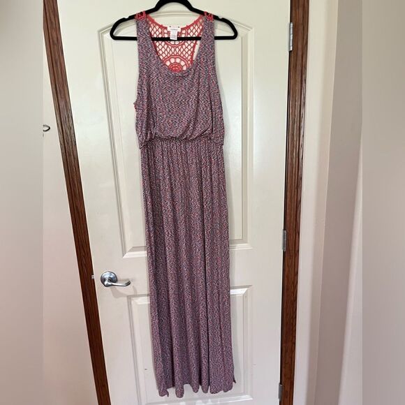 SUNDANCE Crochet Back Maxi Dress Coral White Blue Black Women’s Size Large - Picture 1 of 5